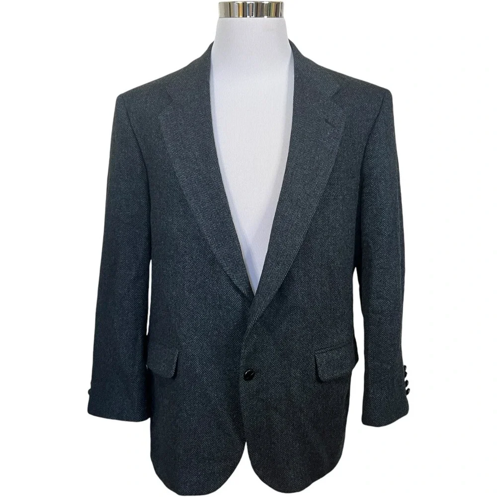 John Peel Jacket Blazer‎ 44R Blue Wool Herringbone Tweed Vintage Lined
